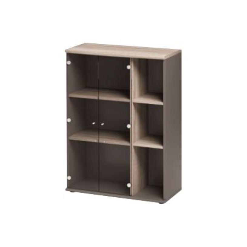 3483600784186-Bibliothèque mi-haut JAZZ+ - L80 x H112 x P39 - 2 portes vitrées - Chêne gris-P_79426219_1-0