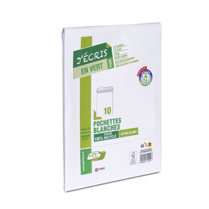 3250650321247-GPV Green - 10 Enveloppes recyclées C5 162 x 229 mm - 90 gr - sans fenêtre - blanc - bande adhésive--0