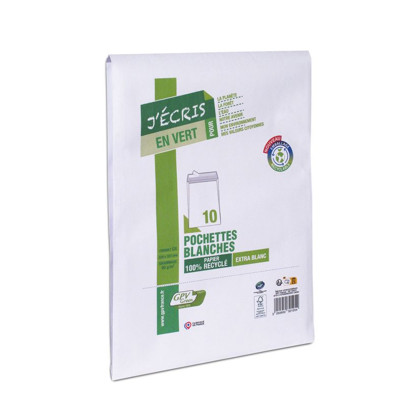 3250650321254-GPV Green - 10 Enveloppes recyclées C4 229 x 324 mm - 90 gr - sans fenêtre - blanc - bande adhésive--0