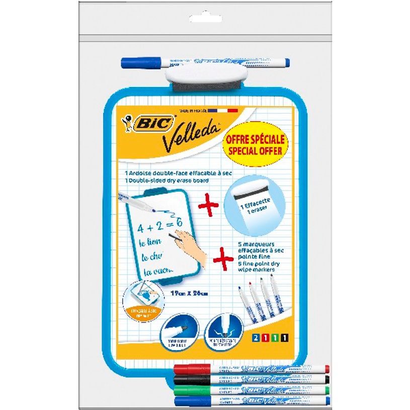 3086123466012-BIC - Ardoise Velleda blanche double face - 19 x 26 cm - 5 marqueurs fins + effacette -P_79429581_1-0
