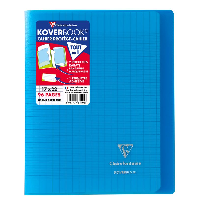 3037929514025-Clairefontaine Koverbook - Cahier polypro 17 x 22 cm - 96 pages - grands carreaux (Seyes) - bleu--0