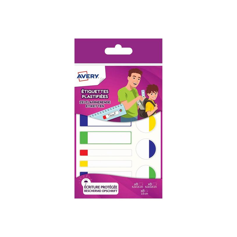 5014702028922-Avery - 24 Étiquettes plastifiées multi-usages blanches avec bordure verte, bleue, jaune et rouge -P_79430178_1-1