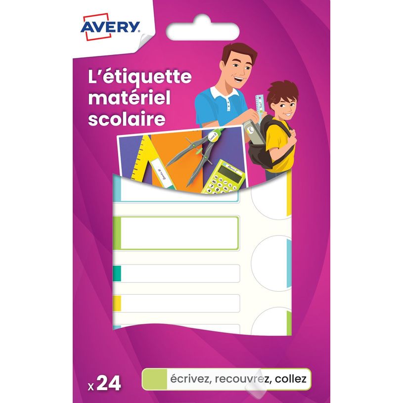 5014702028922-Avery - 24 Étiquettes plastifiées multi-usages blanches avec bordure verte, bleue, jaune et rouge -P_79430178_3-0