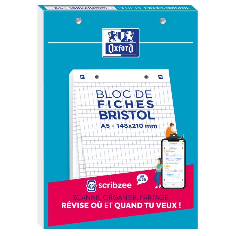 3020120120591-Oxford - Pack de 30 Fiches Bristol - A5 - petits carreaux - perforées - blanc--0