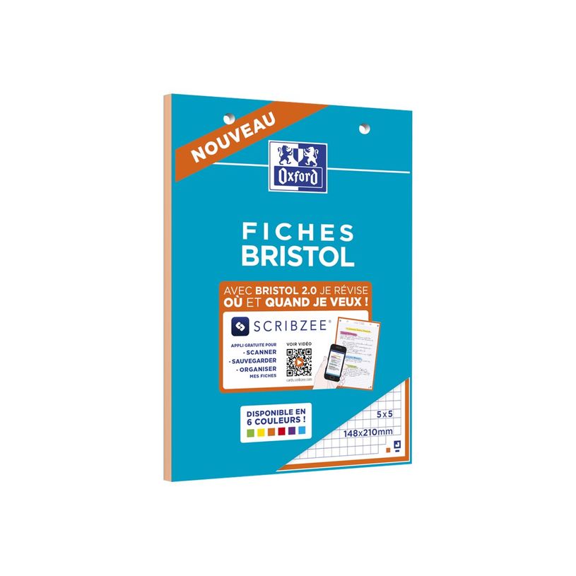 3020120120638-Oxford - Pack de 30 Fiches Bristol - A5 - petits carreaux - perforées - 4 couleurs dispon-P_79431003_3-18
