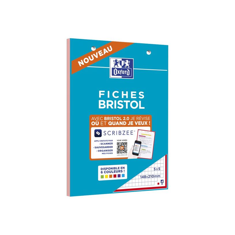 3020120120638-Oxford - Pack de 30 Fiches Bristol - A5 - petits carreaux - perforées - 4 couleurs disponi-P_79431003_5-9