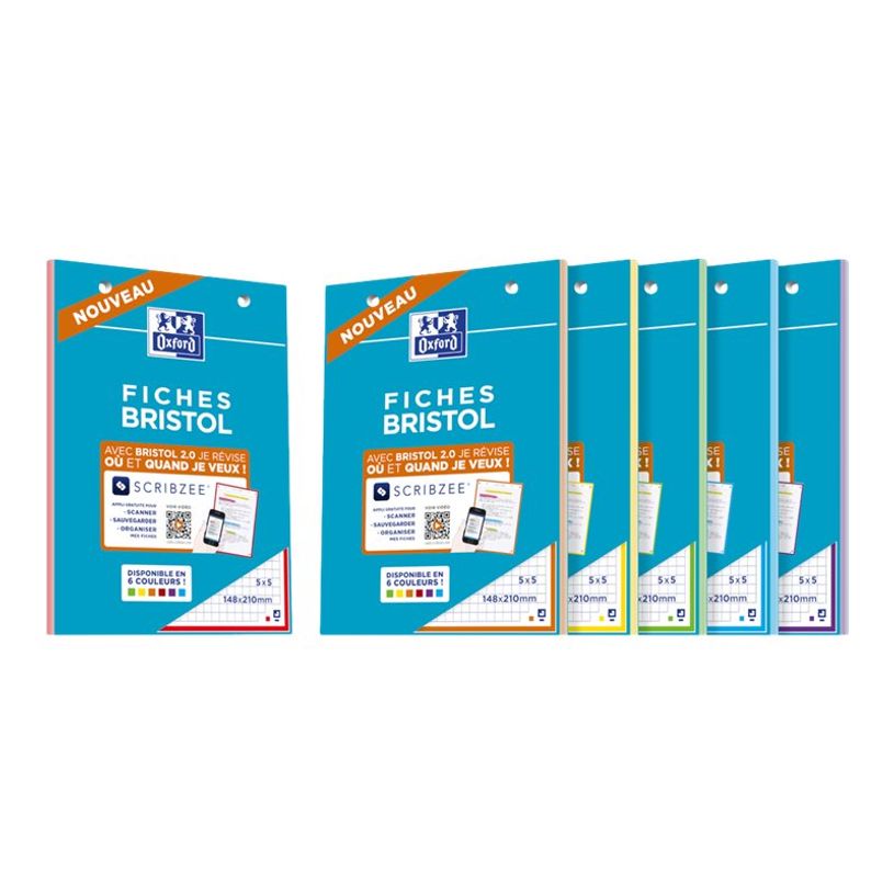 3020120120638-Oxford - Pack de 30 Fiches Bristol - A5 - petits carreaux - perforées - 4 couleurs dispon-P_79431003_6-16