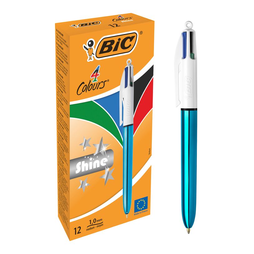 3086123494893-BIC 4 Couleurs Shine - 12 Stylos à bille 4 couleurs - corps bleu métallisé-P_79431596_1-0