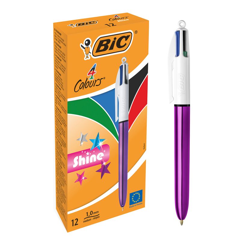 3086123502901-BIC 4 Couleurs Shine - 12 Stylos à bille 4 couleurs - corps violet métallisé-P_79431597_1-0