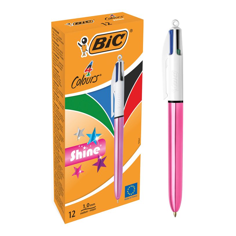 3086123502918-BIC 4 Couleurs Shine - 12 Stylos à bille 4 couleurs - corps rose métallisé-P_79431598_1-0