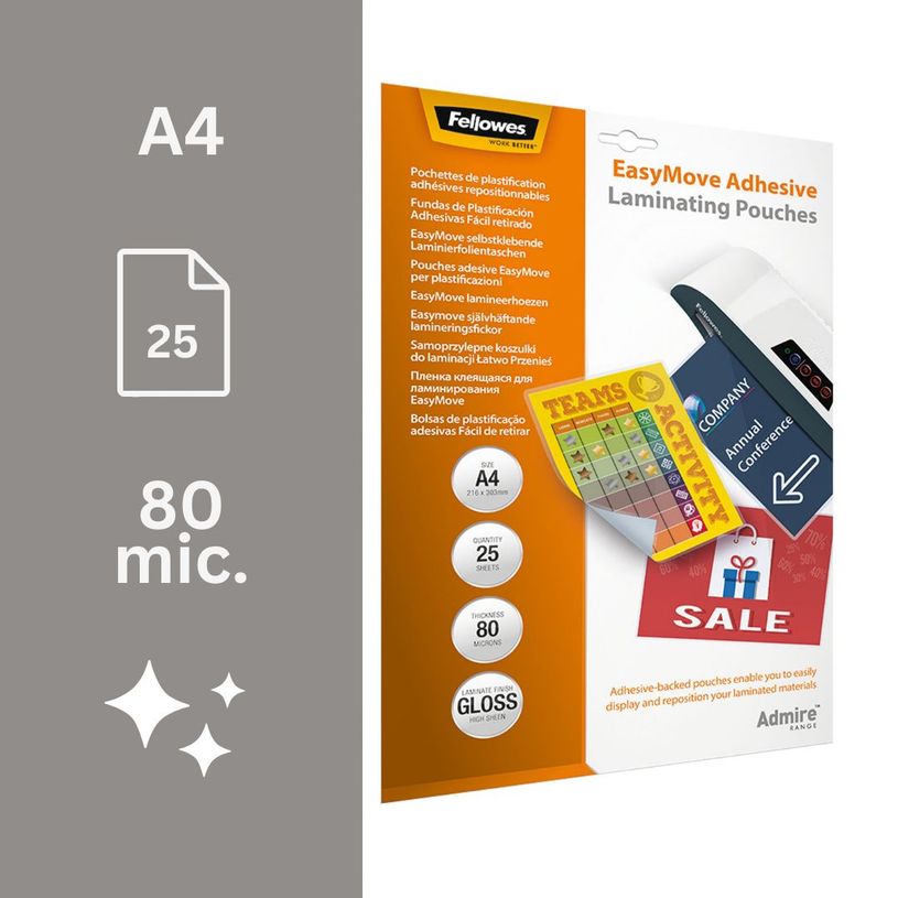 0043859730834-Fellowes - 25 pochettes de plastification A4 (216 x 303 mm) - 80 microns - brillantes dos adhésif--1