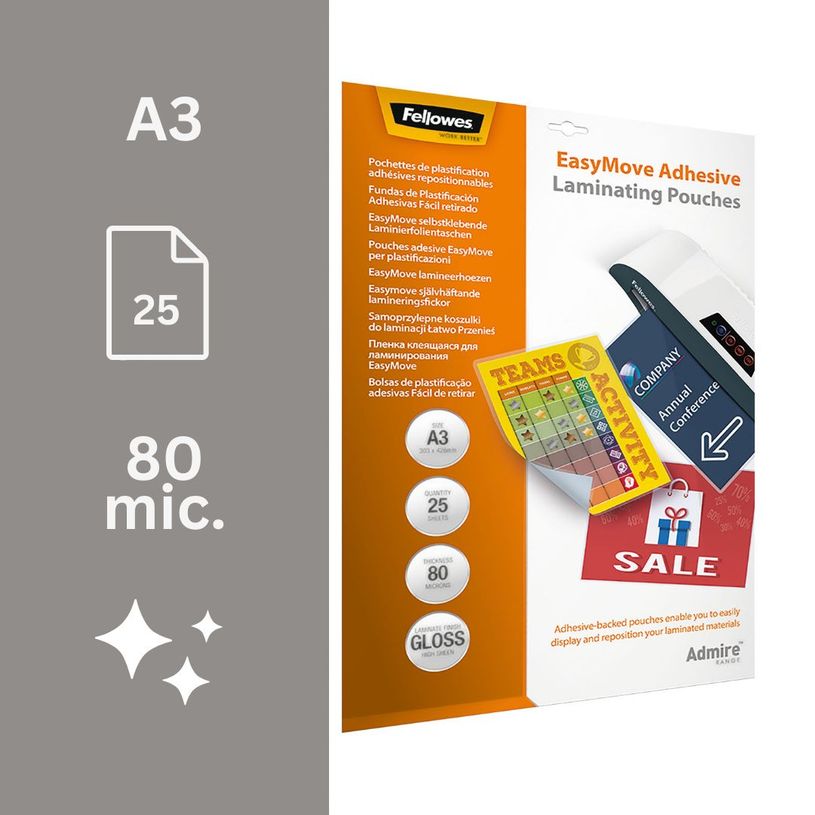 0043859730841-Fellowes - 25 pochettes de plastification A3 (303 x 426 mm) - 80 microns - brillantes dos adhésif--1