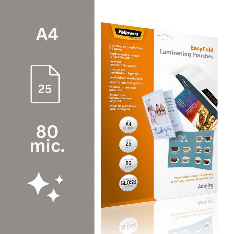 0043859730858-Fellowes - 25 pochettes de plastification A4 (216 x 303 mm) - 80 microns - brillantes pré-pliées--1
