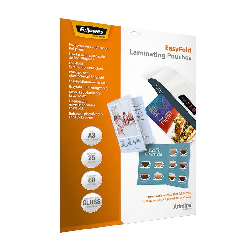 0043859730865-Fellowes - 25 pochettes de plastification A3 (303 x 426 mm) - 80 microns - brillantes pré-pliées--0