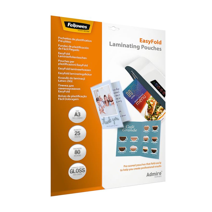0043859730865-Fellowes - 25 pochettes de plastification A3 (303 x 426 mm) - 80 microns - brillantes pré-pliées--0