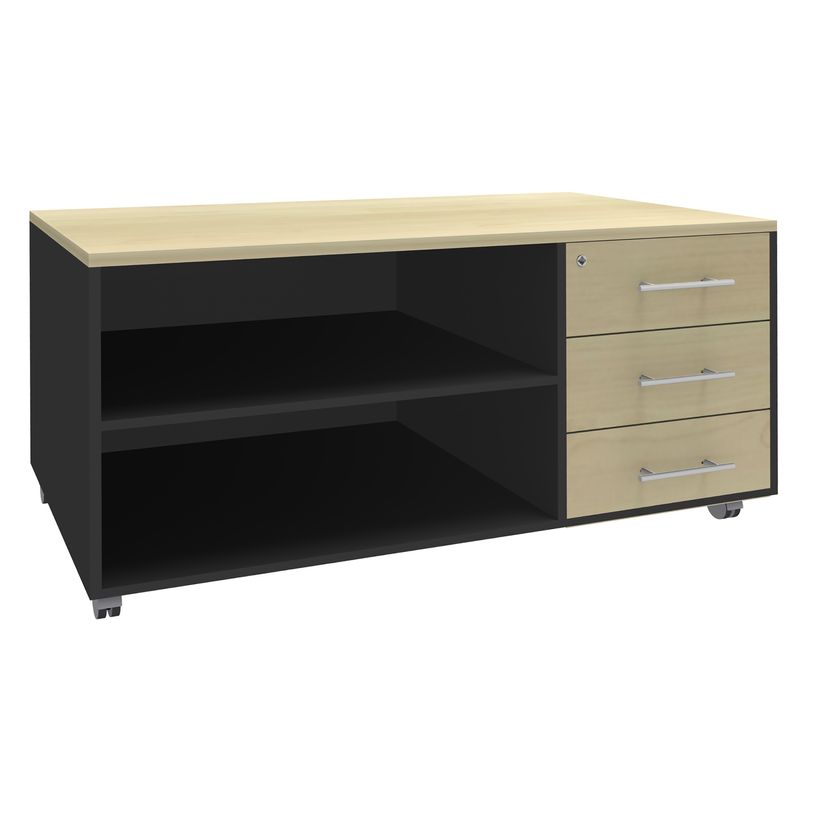 3253310160767-Console mobile LEVEL/STEELY/WOODY- L120 x H63 x P60 cm - 3 tiroirs - coté anthracite - finition faça-P_79432462_1-0