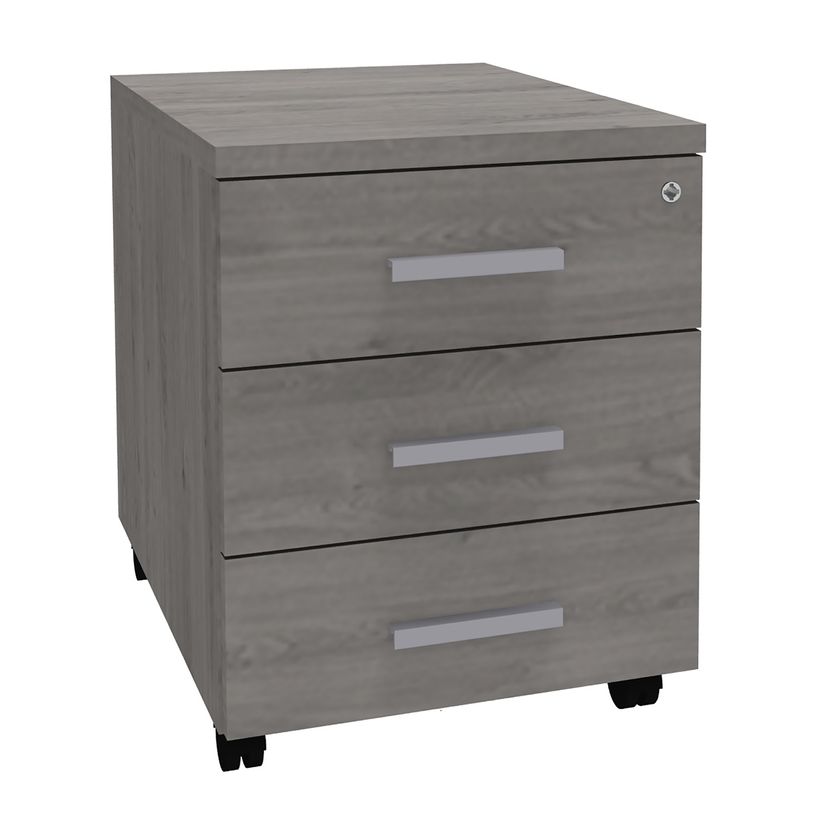 3253310163454-Caisson mobile LEVEL/STEELY/WOODY - L43 x H56 x P60 cm - 3 tiroirs - Imitation Chêne gris--0
