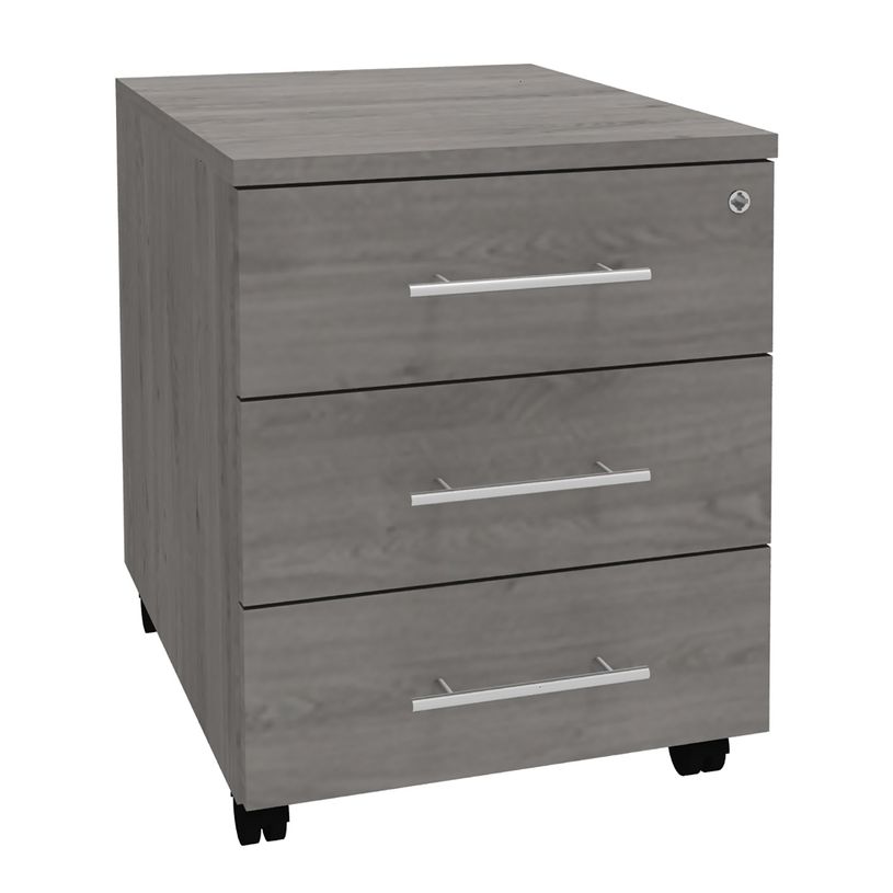 3253310163454-Caisson mobile LEVEL/STEELY/WOODY - L43 x H56 x P60 cm - 3 tiroirs - Imitation Chêne gris-P_79432626_1-0
