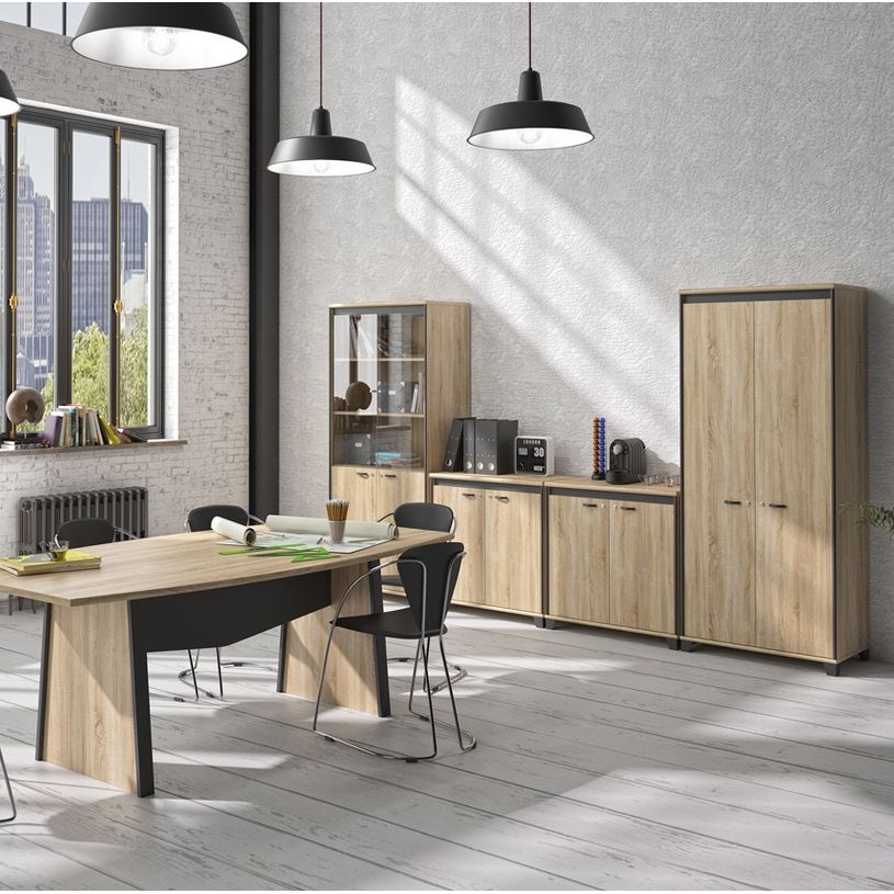 3483600874337-Armoire mi-haute MAMBO - L80 x H82 x P46 - 2 portes - Chêne Sonoma/noir-P_79433387_2-1