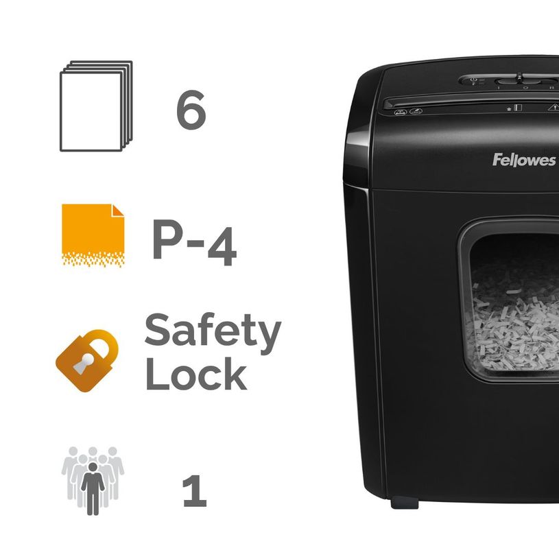 0043859743568-Fellowes Powershred 6M - destructeur de documents coupe croisée mini-cut - 6 feuilles - Corbeille 13 l--1