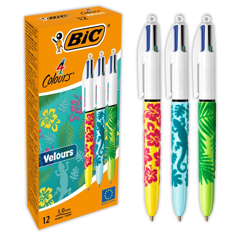 3086123542532-BIC 4 Couleurs Velours - 12 Stylos à bille 4 couleurs - corps assortis motif jungle-P_79438268_1-0