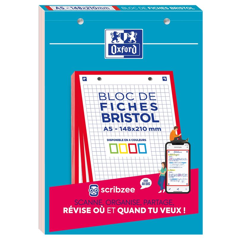 3020120120676-Oxford - Pack de 30 Fiches Bristol Scribzee - A5 - petits carreaux - perforées - rouge--0