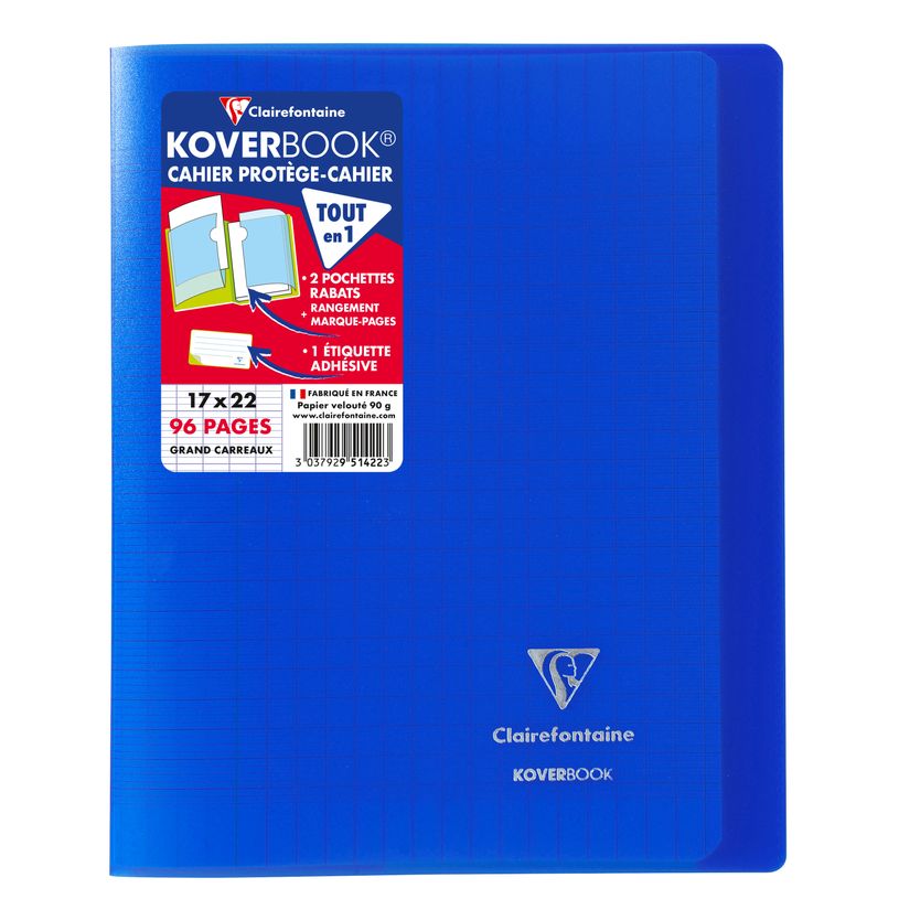 3037929514223-Clairefontaine Koverbook - Cahier polypro 17 x 22 cm - 96 pages - grand carreaux (seyes) - bleu marine--0