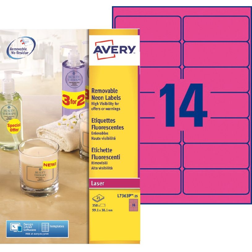 3266550263112-Avery - 350 Étiquettes amovibles rose fluo - 99,1 x 38,1 mm - Impression laser - réf L736-P_79439695_1-0