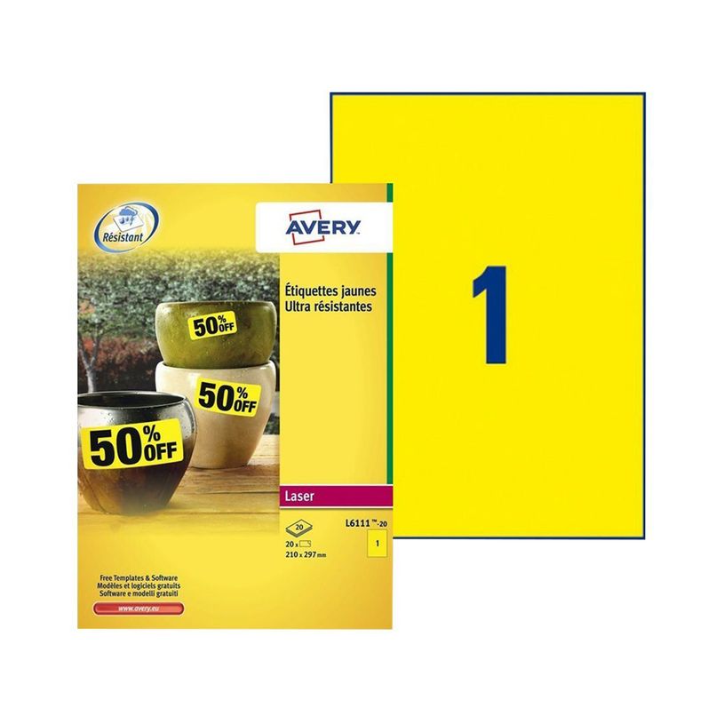 4004182061114-Avery - 20 Étiquettes ultra résistantes jaune - A4 - Impression laser - réf L6111-20-P_79439714_1-0