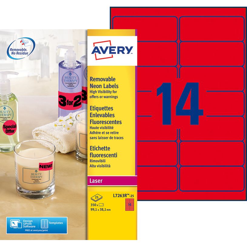 4004182608623-Avery - 350 Étiquettes amovibles rouge fluo - 38,1 x 99,1 mm - Impression laser - réf L72-P_79439722_1-0
