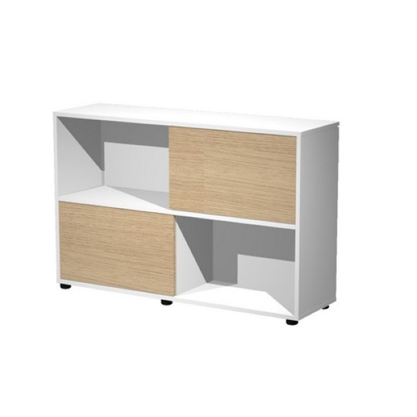 2012349514900-Bibliothèque mi-haute TETRIS - L120 x H79 x P35 - Corps blanc - Portes chêne-P_79441885_1-0