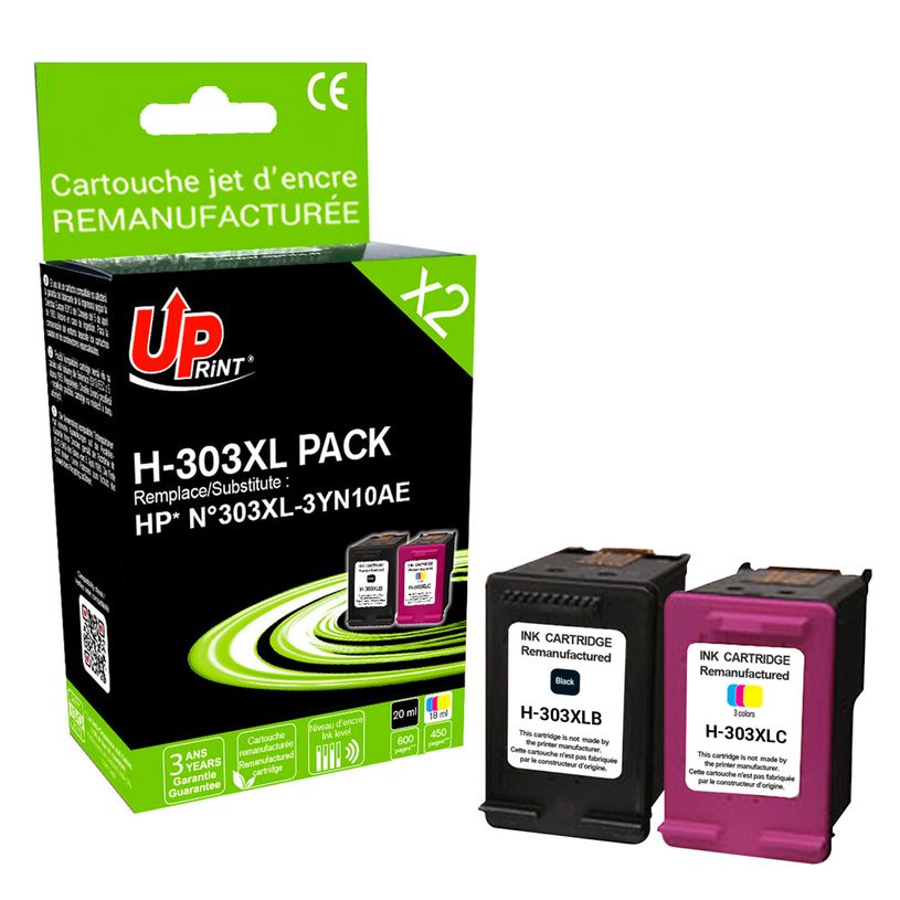 3584770904463-Cartouche remanufacturée HP 303XL - pack de 2 - noir, cyan, magenta, jaune - Uprint--2