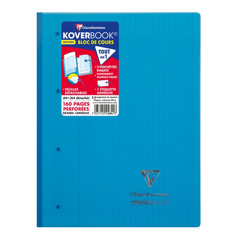 3037920048413-Clairefontaine Koverbook - Bloc de cours agrafé A4+ - 160 pages détachables perforées - grands carreaux (Seyes) - disponib-P_79443876_2-1