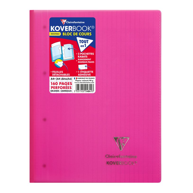 3037920048413-Clairefontaine Koverbook - Bloc de cours agrafé A4+ - 160 pages détachables perforées - grands carreaux (Seyes) - disponib-P_79443876_4-3