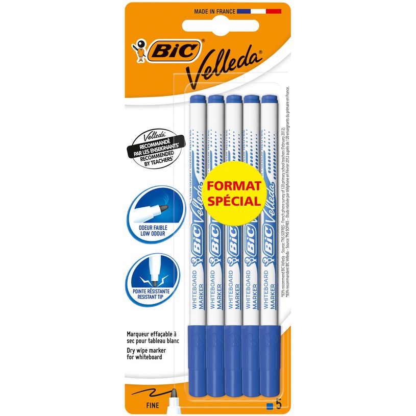 3086123368552-BIC VELLEDA 1721 - Pack de 5 marqueurs effaçables format spécial - pointe fine - bleu-P_79445395_4-0
