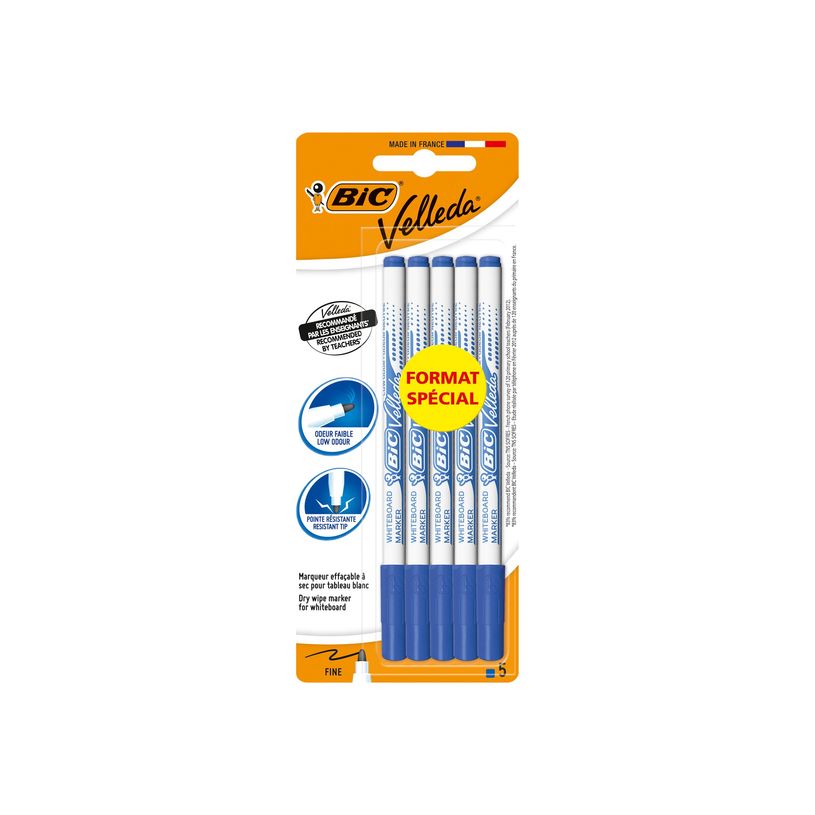 3086123368552-BIC VELLEDA 1721 - Pack de 5 marqueurs effaçables format spécial - pointe fine - bleu-P_79445395_9-8