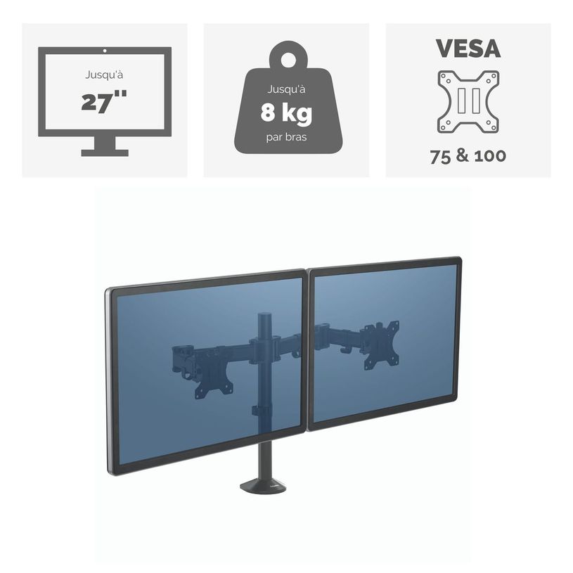 0043859748488-Fellowes Reflex - Bras porte-écran double jusqu'à 30" - réglable en hauteur et en profondeur - système de -P_79445438_2-1