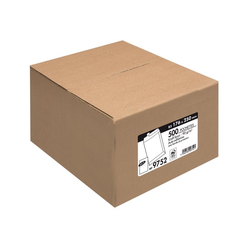 3240180097521-La Couronne - 500 Pochettes kraft B5 250 x 176 mm - 90 gr - sans fenêtre - bande auto-adh
