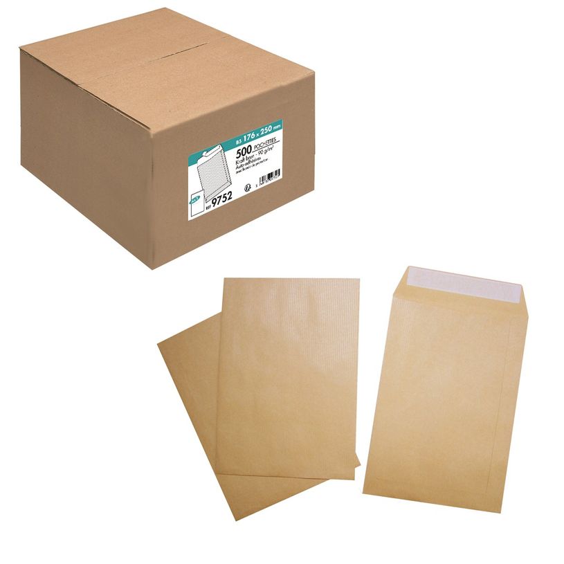 3240180097521-La Couronne - 500 Pochettes kraft B5 250 x 176 mm - 90 gr - sans fenêtre - bande auto-adh
