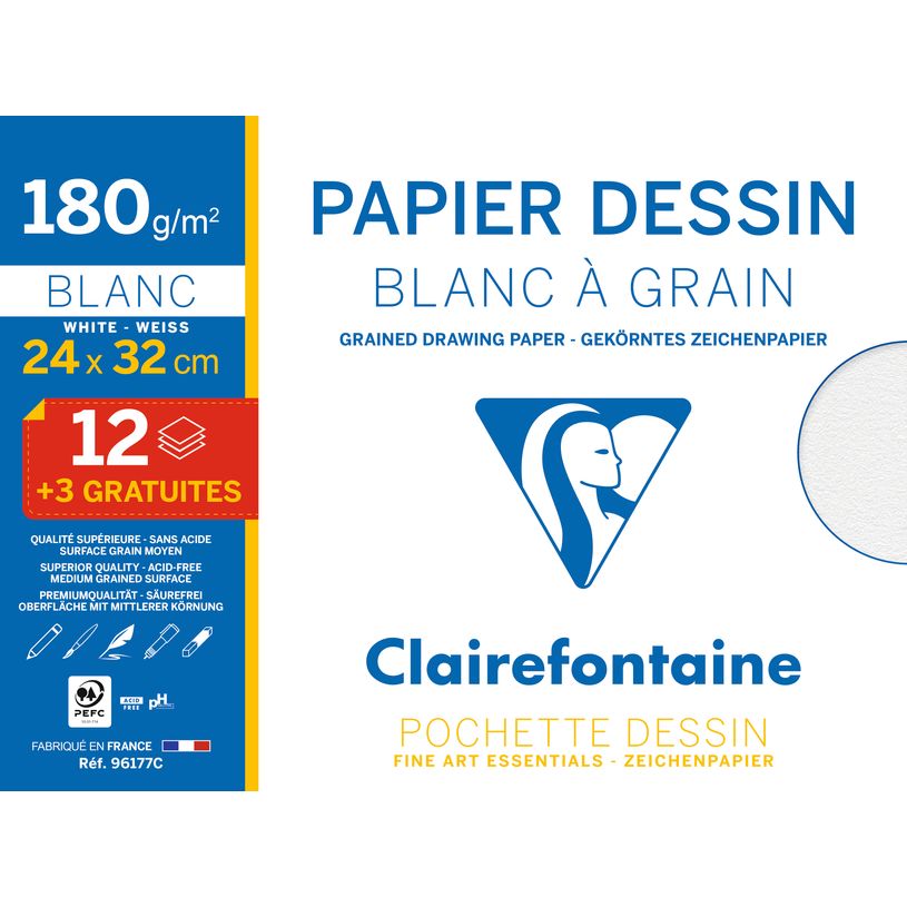 3329680961775-Clairefontaine - Pochette papier à dessin  - 15 feuilles (dont 3 gratuites) - 24 x 32 cm - 180 gr - bl--0