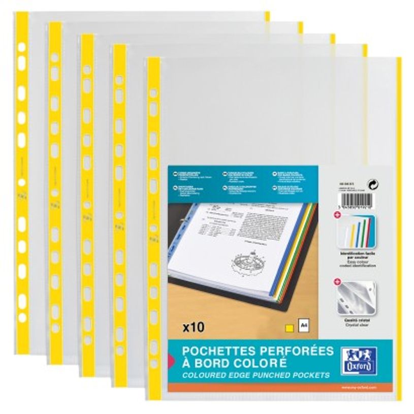 3045050019210-Oxford - 10 Pochettes perforées - A4 - lisse - pour 12 feuilles - 9/100 - Jaune-P_97161908_1-0