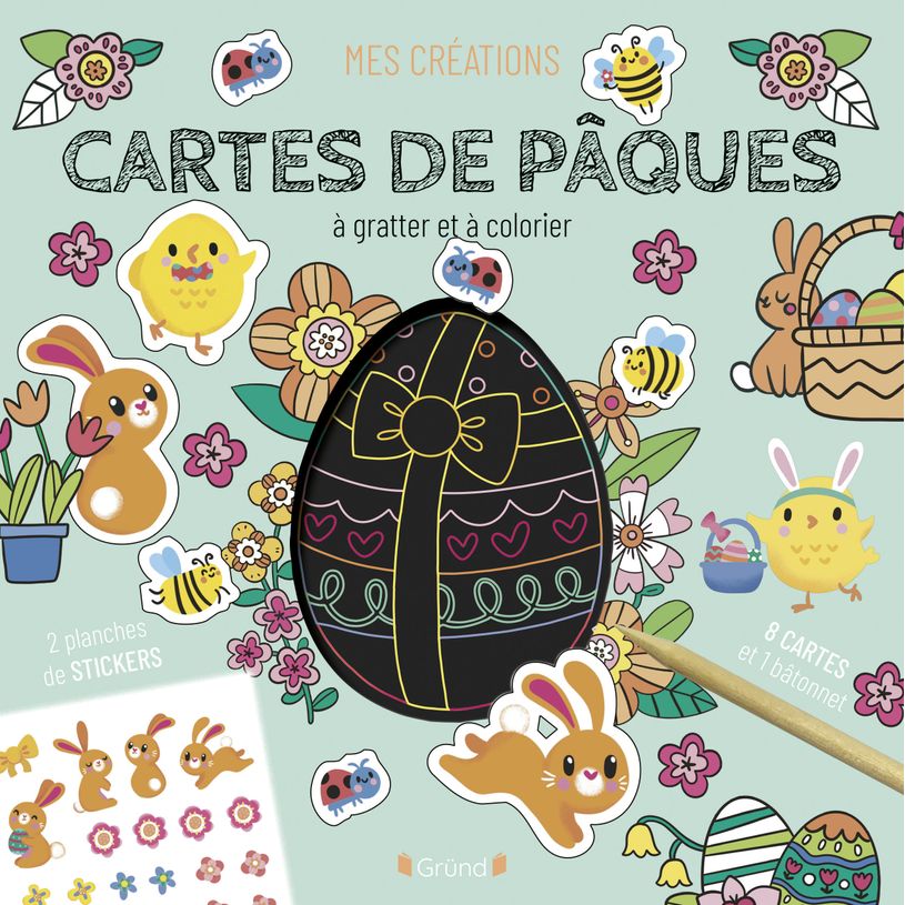 9782324034688-Cartes à gratter et à colorier Pâques Pochette avec 4 cartes à gratter, 4 cartes à colorier, 2 planches de stickers et un bâtonnet 