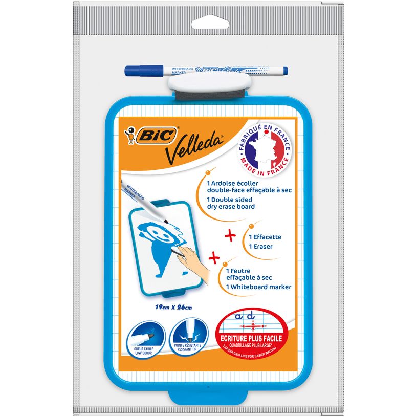 3086129999576-BIC - Ardoise Velleda blanche - 19 x 26 cm - double face grands carreaux (seyes) - cadre bleu --4
