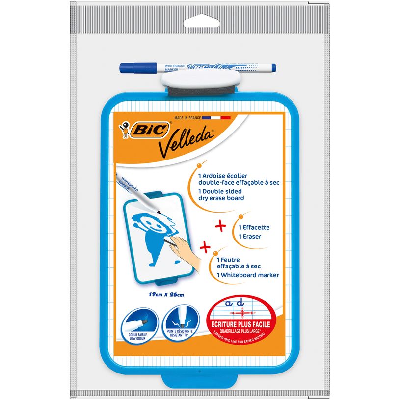 0400009999570-BIC - Ardoise Velleda blanche - 19 x 26 cm - double face grands carreaux (seyes) - cadre bleu-P_999957_1-0