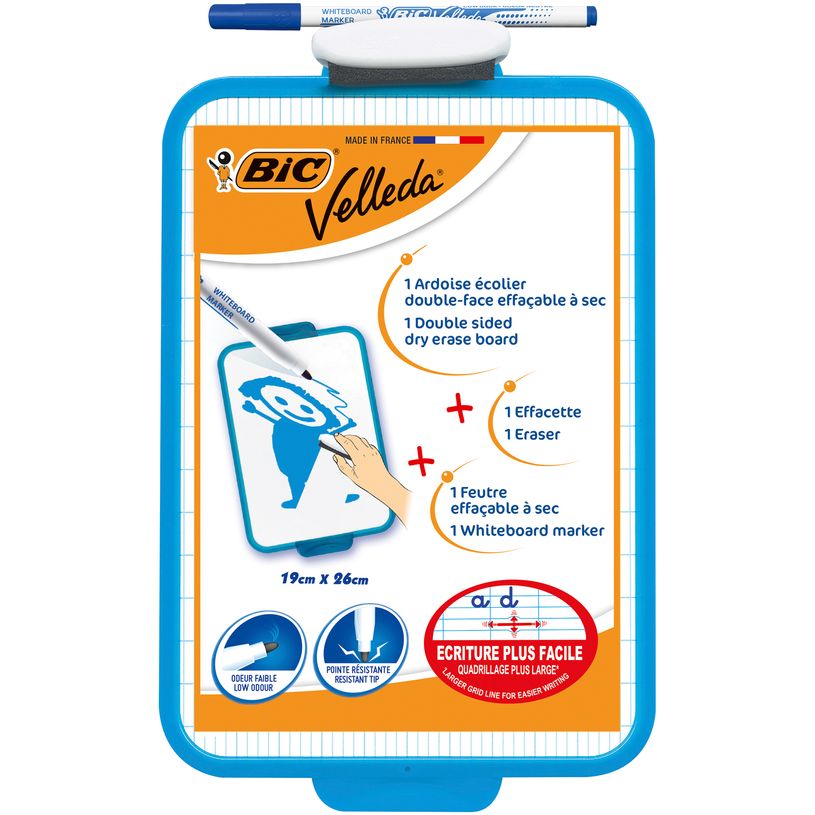 0400009999570-BIC - Ardoise Velleda blanche - 19 x 26 cm - double face grands carreaux (seyes) - cadre bleu-P_999957_2-1