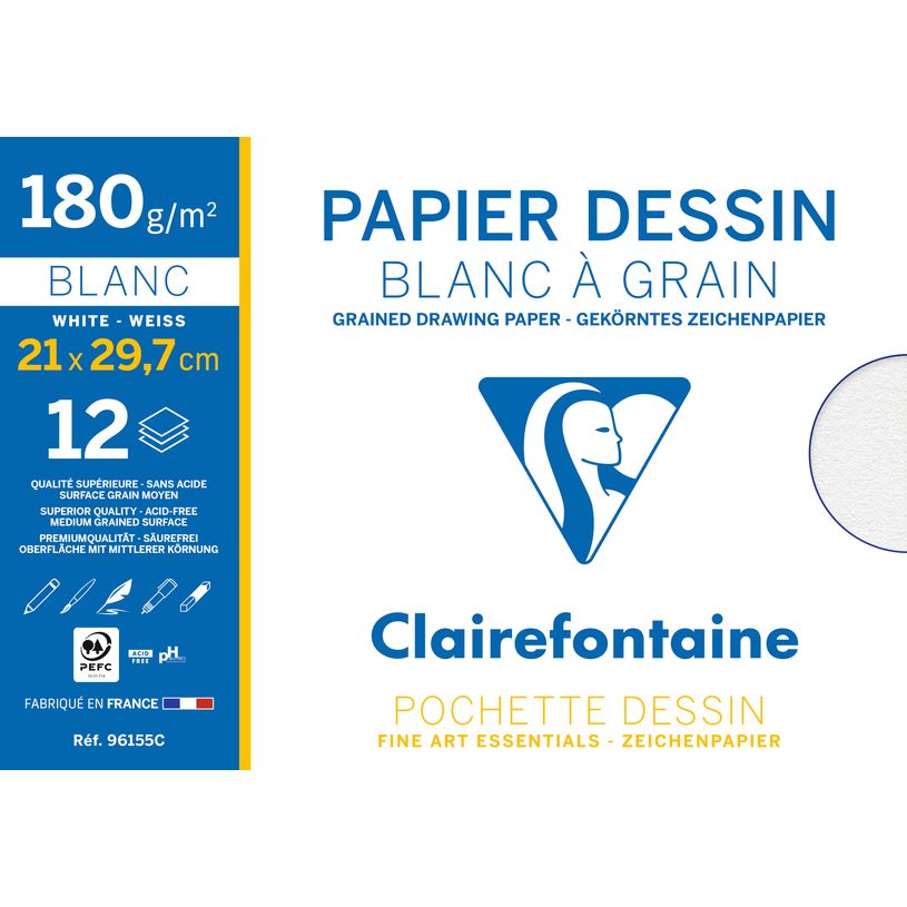 3329680961553-Clairefontaine Dessin à Grain - Pochette papier à dessin - 12 feuilles - A4 - 180 gr - blanc--0