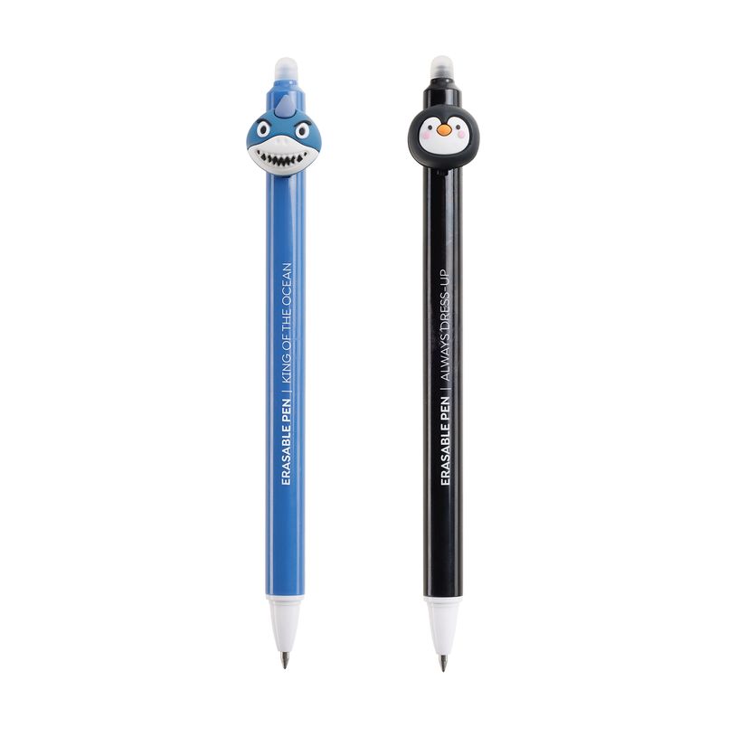 8422593119884-Duo de stylos effaçables requin et pingouin Back2Fun - encre bleue et pointe fine 0,5 mm--1