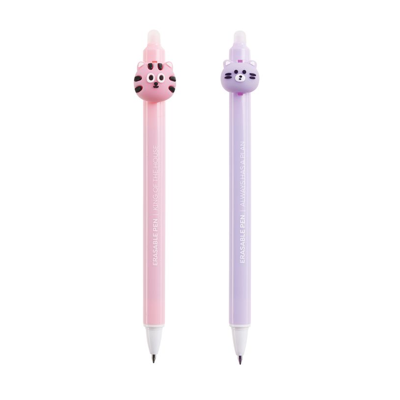 8422593119891-Duo de stylos effaçables bleus 0,5 mm Back2Fun - têtes chat et tigre - design kawai--1