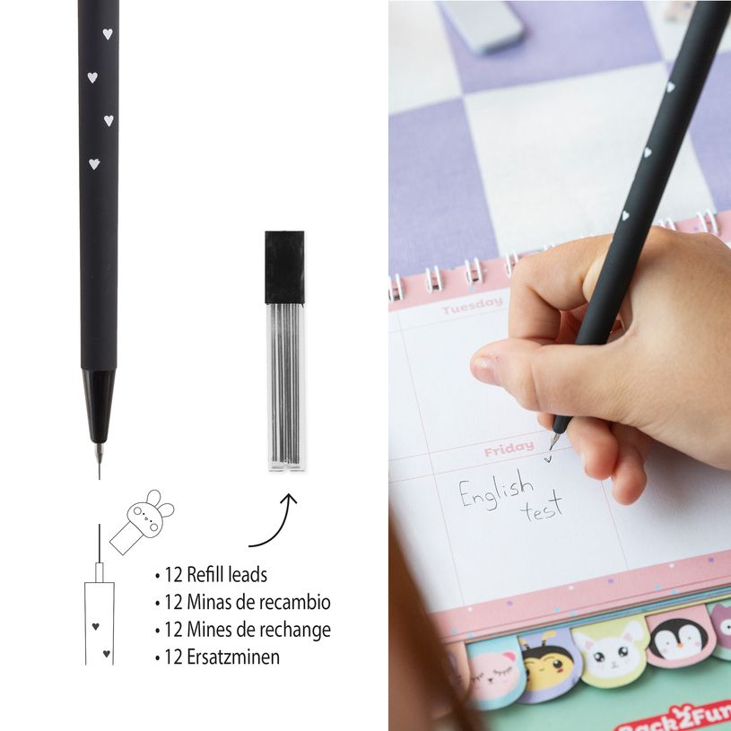 8422593120262-Crayon mécanique Back2Fun 0,5 mm 2B - motif lapin noir décoré de cœurs - recharge de 12 mines.--3