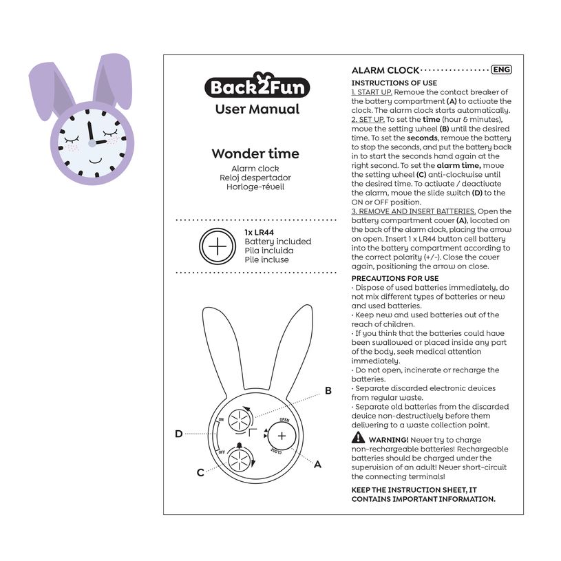 8422593132692-Réveil lapin Back2Fun - format mini - idéal apprentissage de l’heure - pile incluse--5